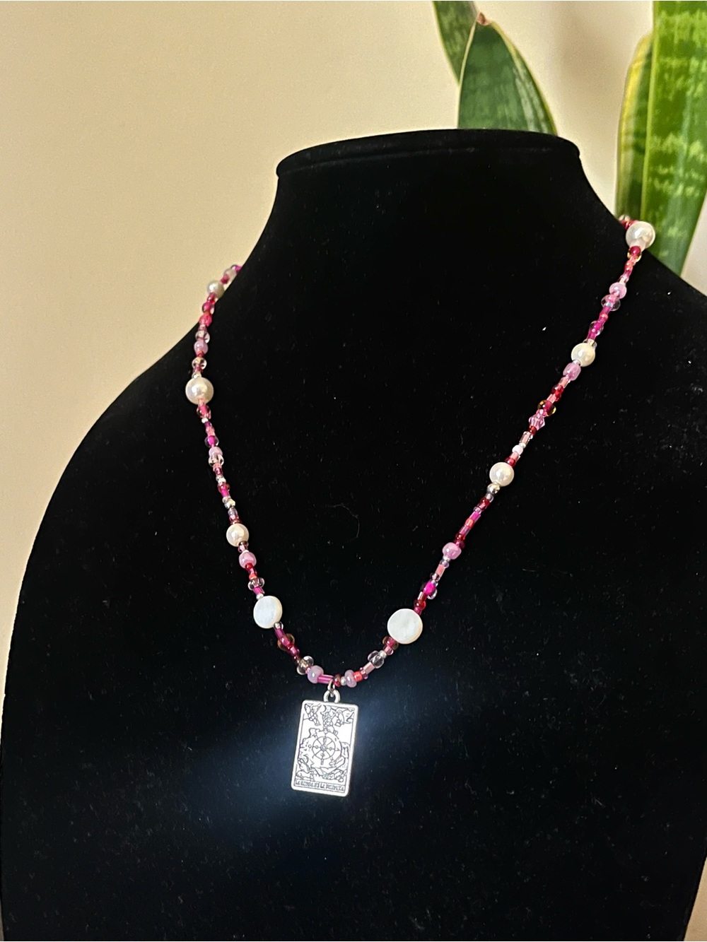 Silver Plated Tarot Card La Rueda De La Fortuna Pink Beaded Necklace